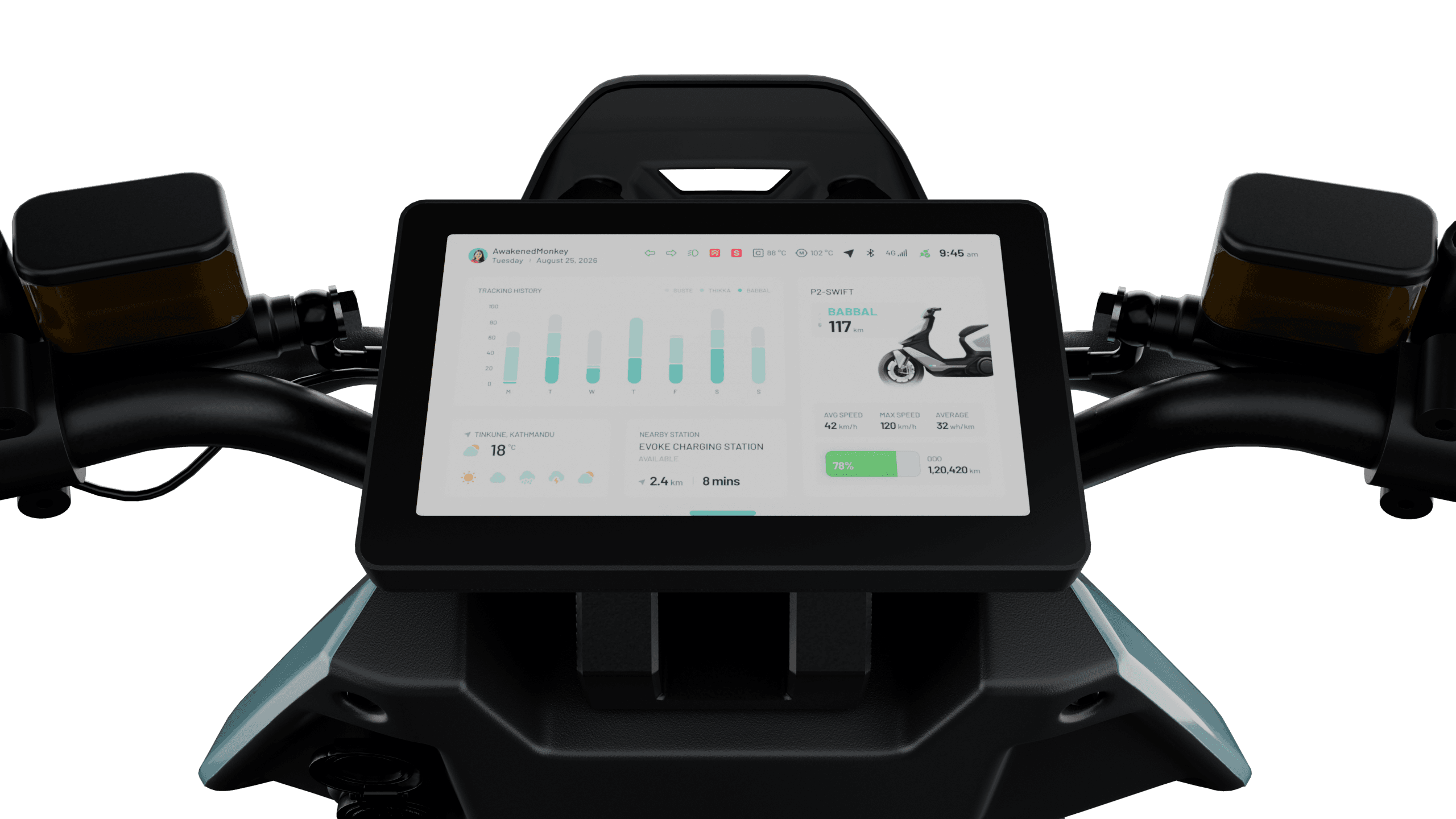 P2 smart TFT display showing vehicle and ride information